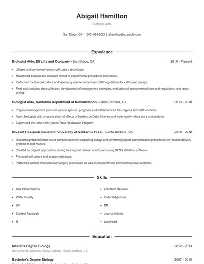 Biologist Aide Resume