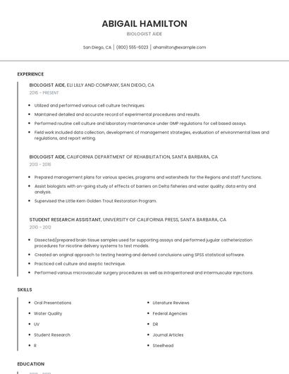 Biologist Aide Resume