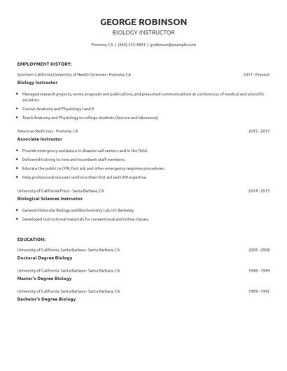 Biology Instructor Resume