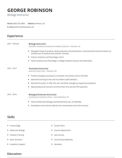 Biology Instructor Resume