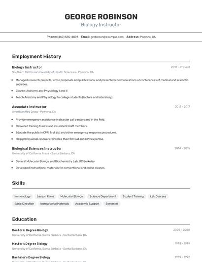Biology Instructor Resume