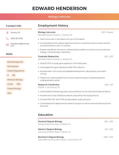 Biology Instructor Resume