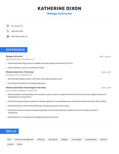Biology Instructor Resume