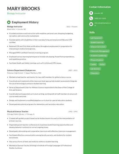 Biology Instructor Resume