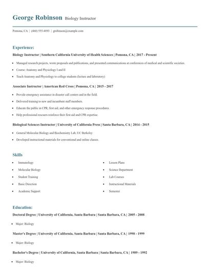 Biology Instructor Resume