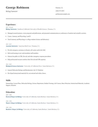 Biology Instructor Resume