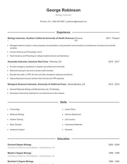 Biology Instructor Resume
