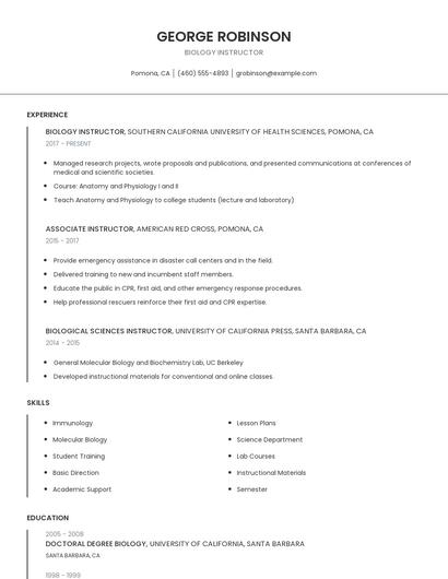 Biology Instructor Resume