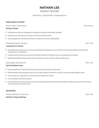 Biology Teacher Resume