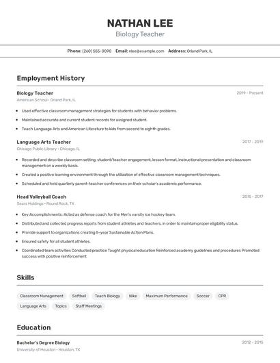 Biology Teacher Resume