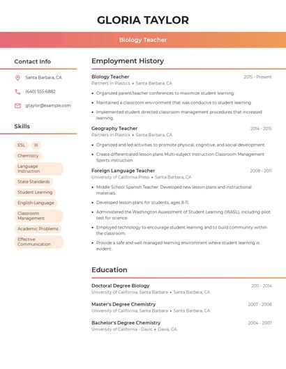 Biology Teacher Resume