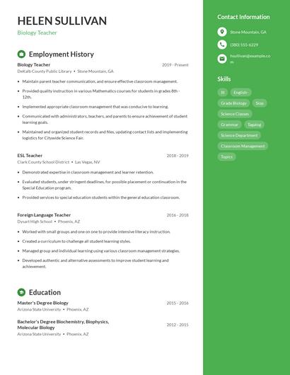 Biology Teacher Resume