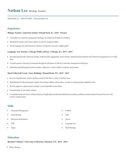 Biology Teacher Resume