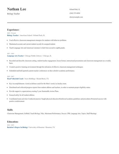 Biology Teacher Resume