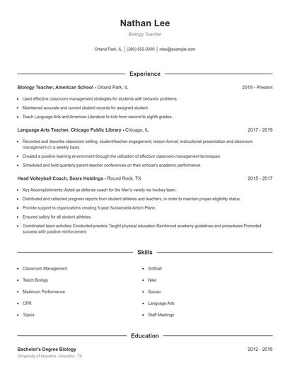 Biology Teacher Resume