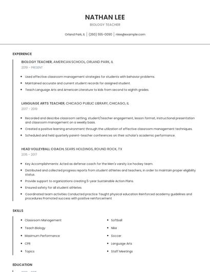 Biology Teacher Resume