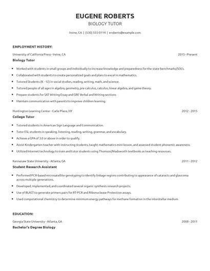 Biology Tutor Resume