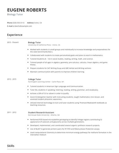 Biology Tutor Resume
