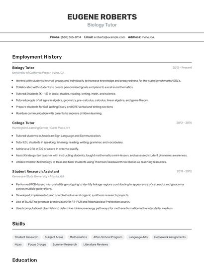 Biology Tutor Resume