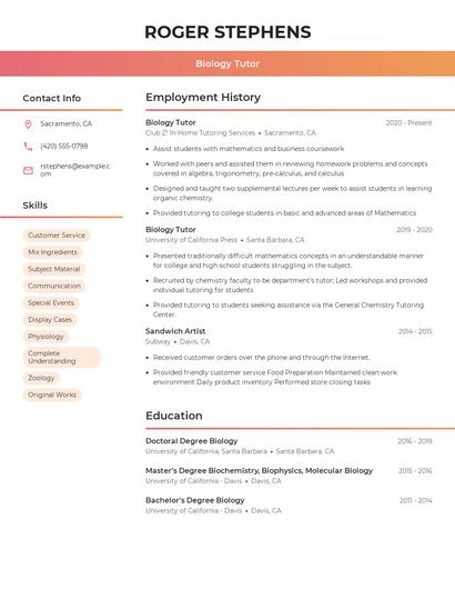 Biology Tutor Resume