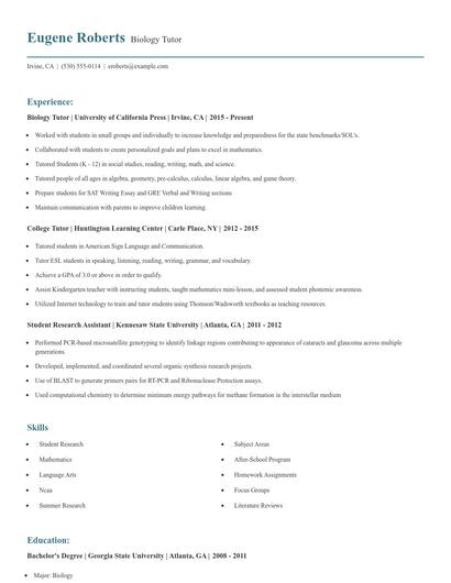 Biology Tutor Resume