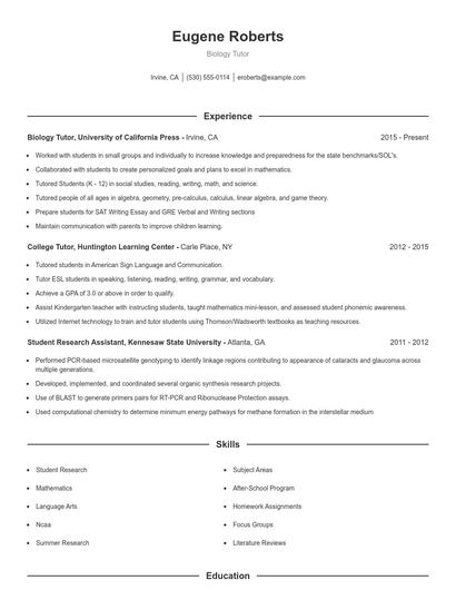 Biology Tutor Resume