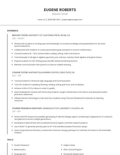 Biology Tutor Resume