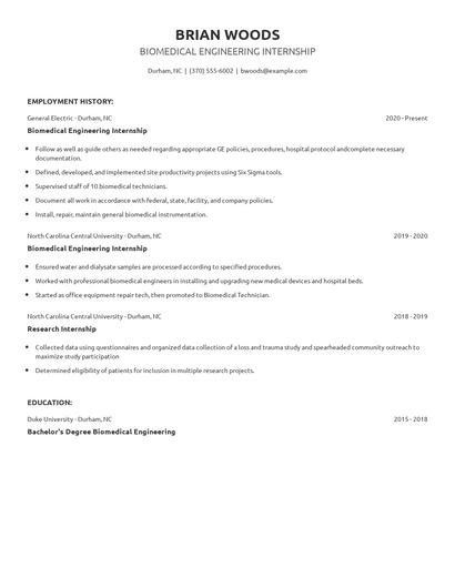 Biomedical Engineering Internship Resume