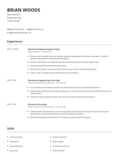 Biomedical Engineering Internship Resume
