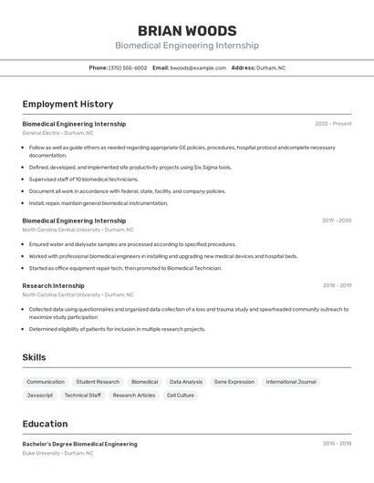 Biomedical Engineering Internship Resume