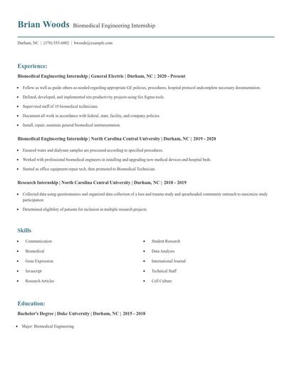 Biomedical Engineering Internship Resume