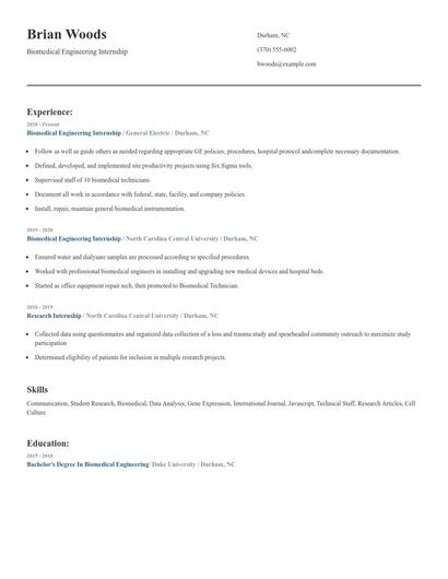 Biomedical Engineering Internship Resume