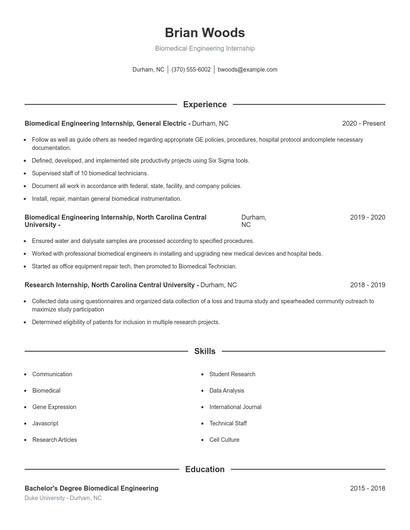 Biomedical Engineering Internship Resume