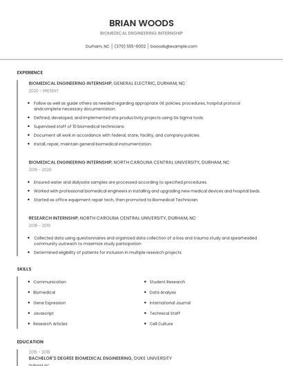 Biomedical Engineering Internship Resume
