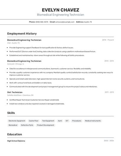 Biomedical Engineering Technician Resume