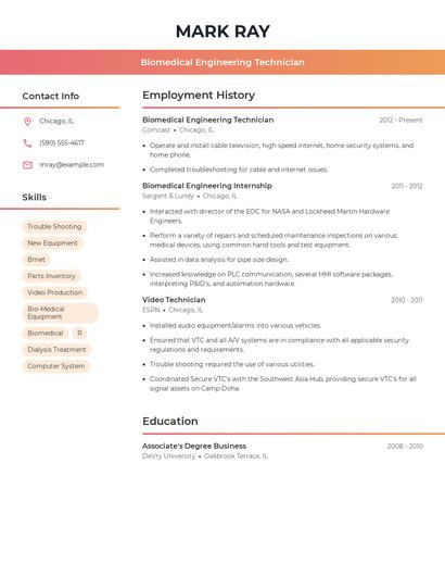 Biomedical Engineering Technician Resume