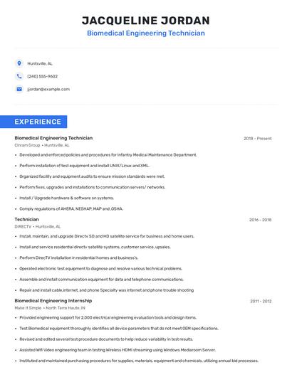 Biomedical Engineering Technician Resume