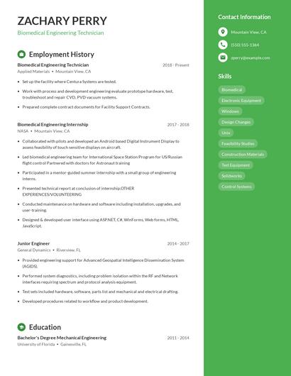 Biomedical Engineering Technician Resume