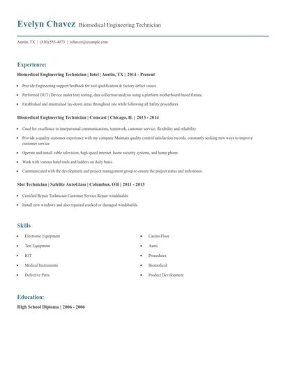 Biomedical Engineering Technician Resume