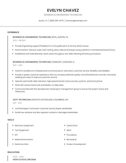Biomedical Engineering Technician Resume