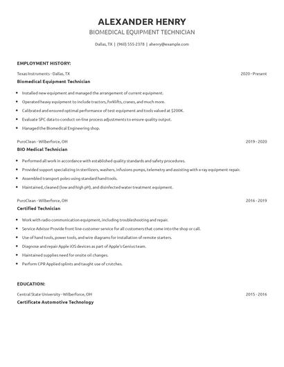 Biomedical Equipment Technician Resume