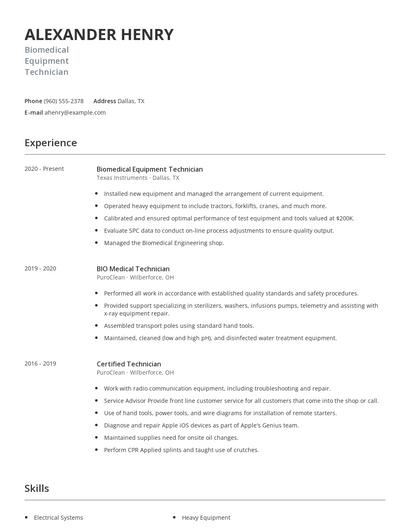 Biomedical Equipment Technician Resume
