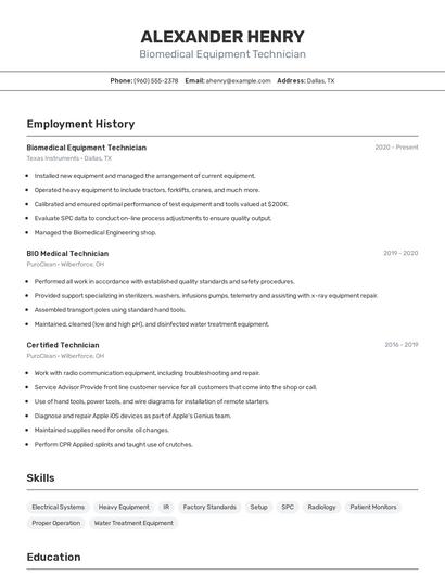 Biomedical Equipment Technician Resume