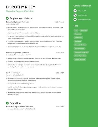 Biomedical Equipment Technician Resume
