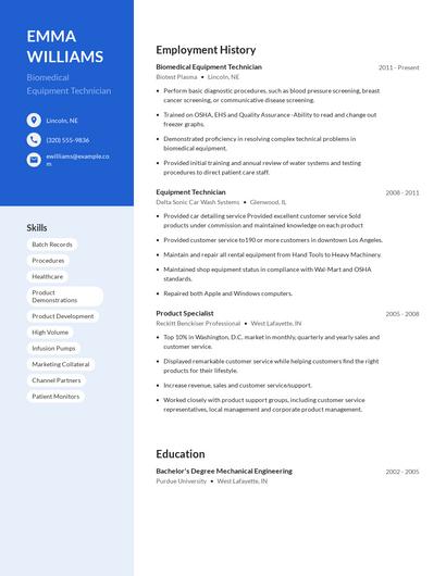 Biomedical Equipment Technician Resume