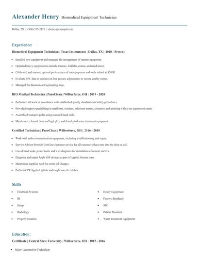 Biomedical Equipment Technician Resume