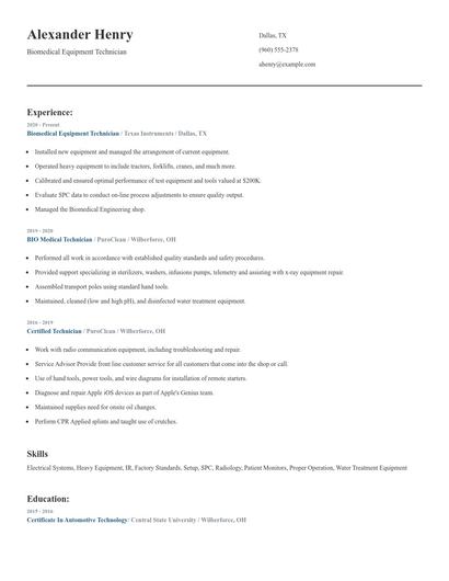Biomedical Equipment Technician Resume