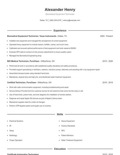 Biomedical Equipment Technician Resume