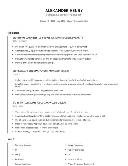 Biomedical Equipment Technician Resume
