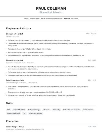 Biomedical Scientist Resume